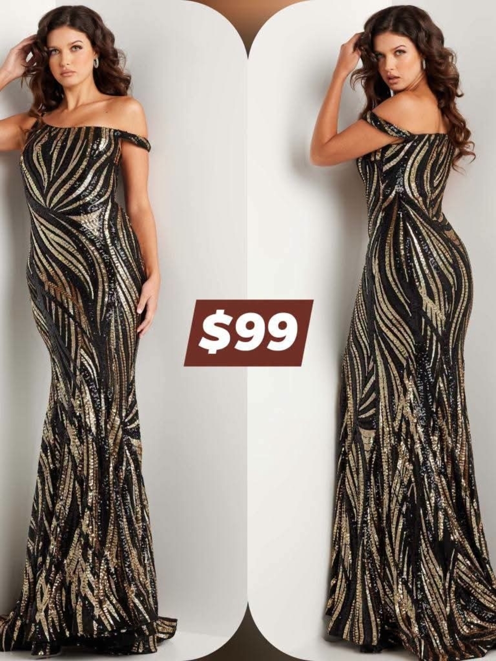 Jovani Black and Gold One-Shoulder Sequin Evening Gown